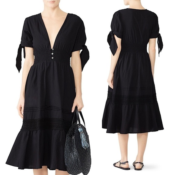 CLEOBELLA Puff Short Sleeve Smocked Waist Tiered Crochet Lace Ruffle Hem Dress M - Picture 1 of 8